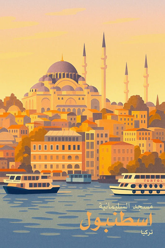 Wall art of Istanbul’s Süleymaniye Mosque (مسجد السليمانية) at sunset with boats on the Bosphorus and warm-toned city buildings.