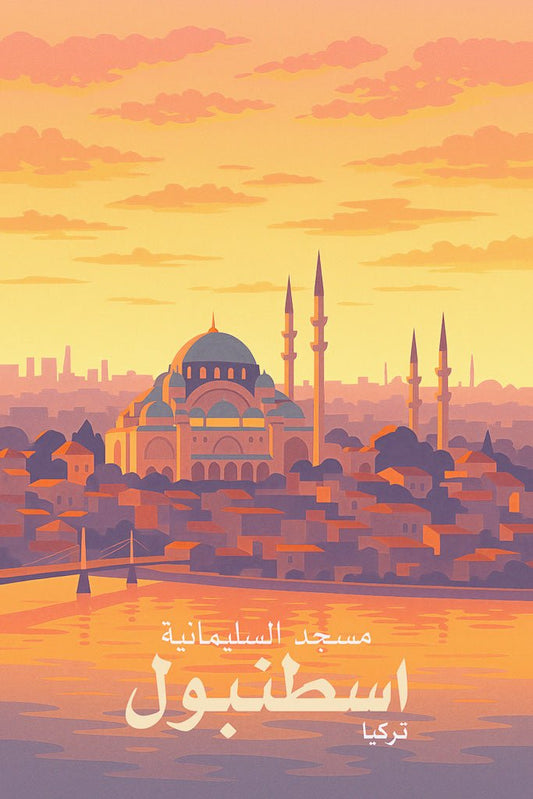Illustrated travel poster of Istanbul’s Süleymaniye Mosque (مسجد السليمانية) at sunset with golden sky over the Bosphorus and Ottoman rooftops.