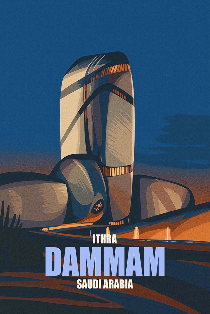 Illustration of a modern architectural structure with 'Dammam' and 'Saudi Arabia' text on a blue background.