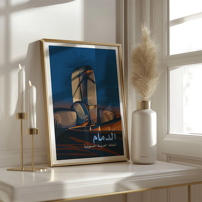 Framed poster of Damman Arabia on a white surface with curtains in the background