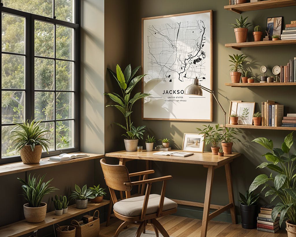 A cozy home office features a wooden desk and chair, surrounded by potted plants. An FN Prints Jackson City Map hangs above, with books and more greenery on the shelves. A window offers lush views to the left, enhancing the minimalist design.