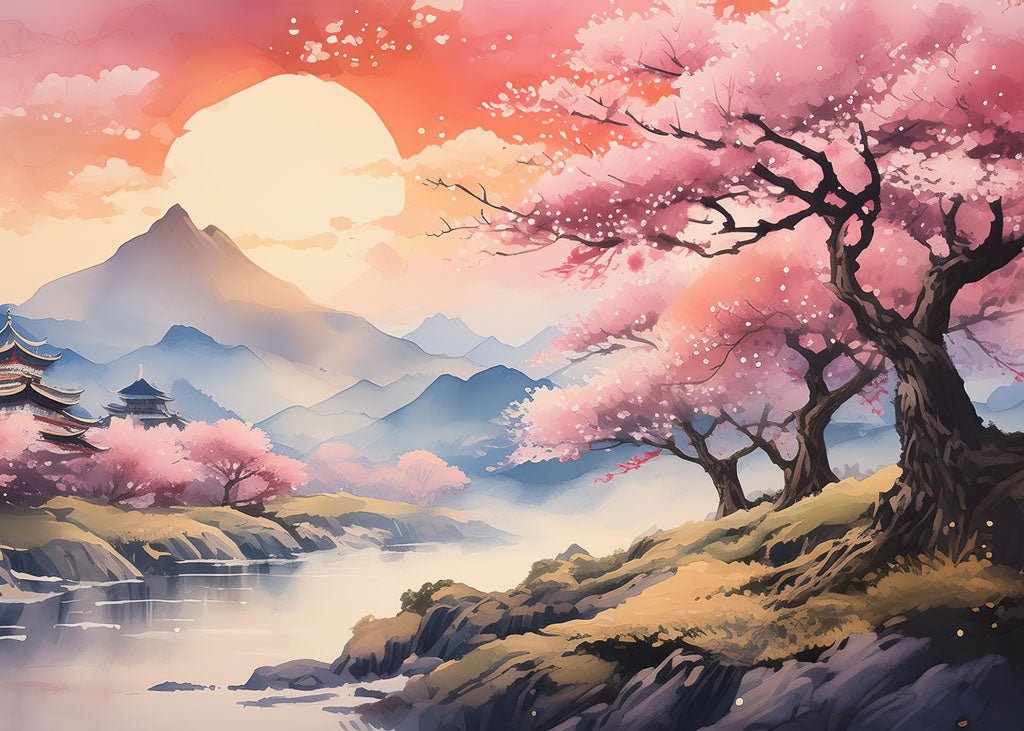 Introducing the "Japanese Landscape" by FN Prints: This artwork features a serene scene of pink cherry blossom trees overlooking a calm river, crafted in gentle pastel watercolors. Majestic mountains rise beneath a large, rising sun while a traditional Japanese building sits gracefully on the left, all combining to create a tranquil atmosphere.