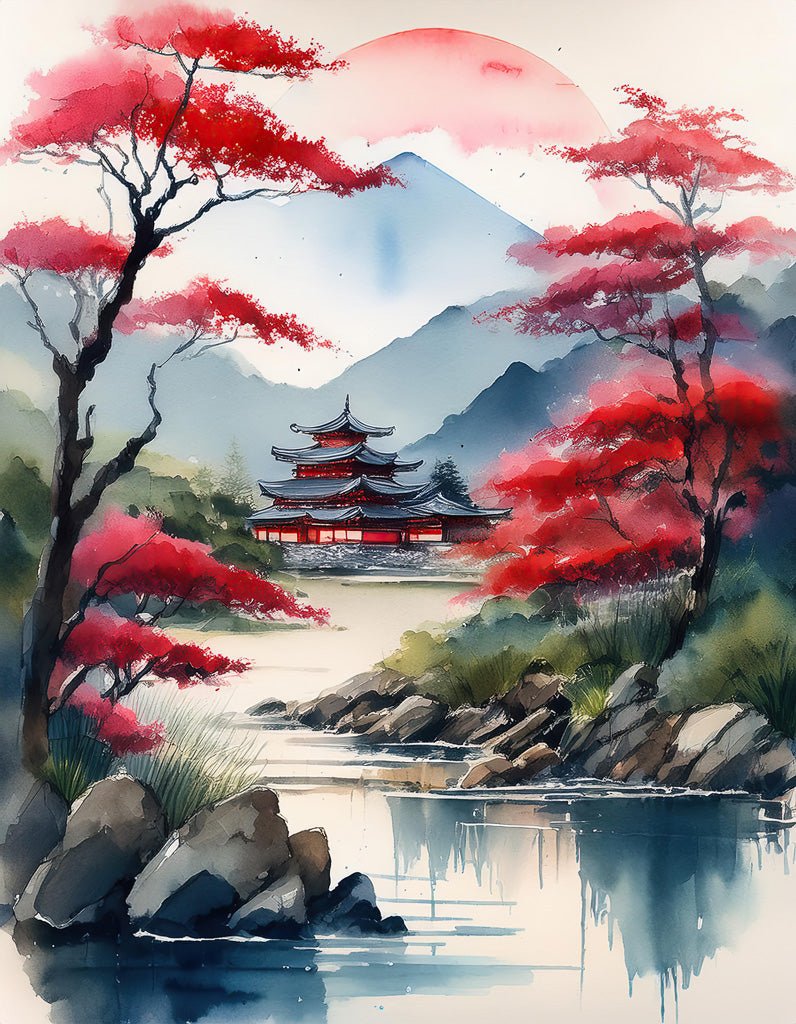 FN Prints' "Japanese Minka Lake" showcases a tranquil watercolor scene featuring a traditional Japanese pagoda amidst cherry blossom trees and rocky terrain. The foreground is graced by a calm stream, while the backdrop reveals a misty mountain and a large, faded red sun, creating an enchanting Japanese-inspired landscape.