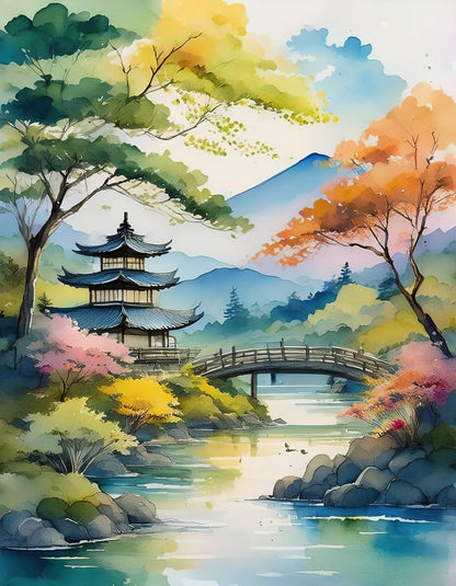 The "Japanese Riverside Tranquility" by FN Prints is a serene watercolor painting capturing a traditional Japanese garden. It features a multi-tiered pagoda, a wooden bridge over a tranquil pond, and various trees adorned in vibrant autumn and spring colors, all framed by distant misty mountains—an ideal Japanese-inspired landscape perfect for tranquil meditation.