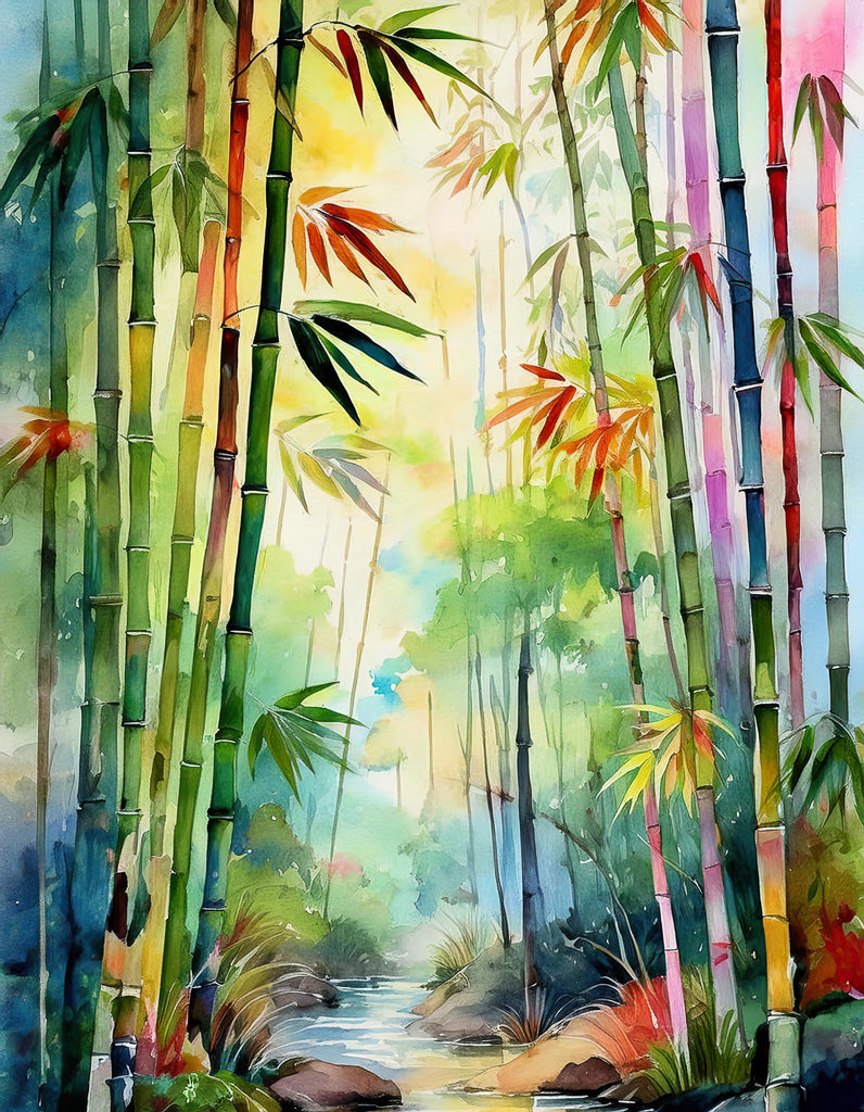 FN Prints' Multicoloured Bamboo Forest is a vibrant watercolor painting that depicts a serene bamboo forest with tall, colorful bamboo stalks and lush foliage. Rays of sunlight filter through the dense greenery, illuminating a gentle stream flowing through the scene, creating a tranquil artwork reminiscent of a Japanese-inspired landscape.