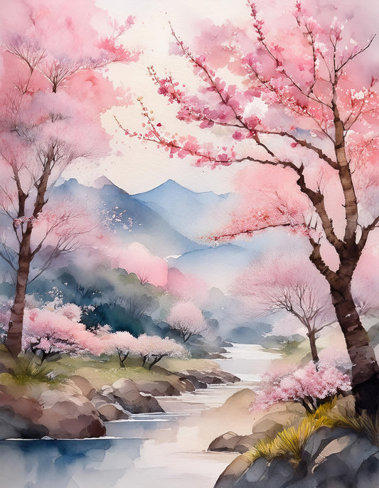 FN Prints’ "Blossom Dreamscape: Japanese Cherry Blossoms" artwork captures a tranquil river meandering through a picturesque setting. Flourishing Japanese cherry blossom trees in full bloom line the riverbanks, their pink petals standing out against distant blue mountains and a soft, cloudy sky.