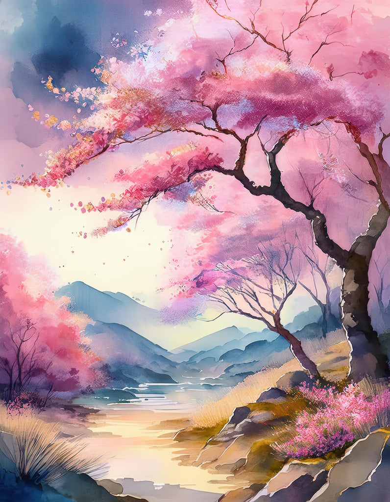 FN Prints' "River Among The Cherry Blossoms" showcases a serene Japanese landscape with blossoming pink cherry trees lining the banks of a calm river. Rolling hills and distant mountains under a soft, pastel sky complete the scene, evoking a sense of peace and natural beauty.