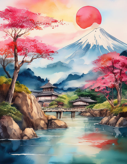 The digital artwork titled "Whispering Cherry Blossoms" by FN Prints features a serene, Japanese-inspired landscape. It showcases Mount Fuji in the background under a large red sun. Traditional Japanese buildings are nestled by a tranquil river, surrounded by cherry blossom trees and lush greenery.