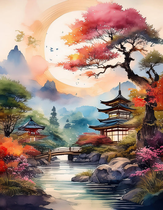 The "Japanese Blossom River" by FN Prints depicts a serene Japanese landscape adorned with vibrant autumn foliage surrounding a traditional pagoda. Traditional Minka houses are scattered in the background, while a wooden bridge elegantly arches over a gentle stream. As the sun sets behind misty mountains, it casts a warm glow and illuminates the scene in tranquil, watercolor-style digital artwork.