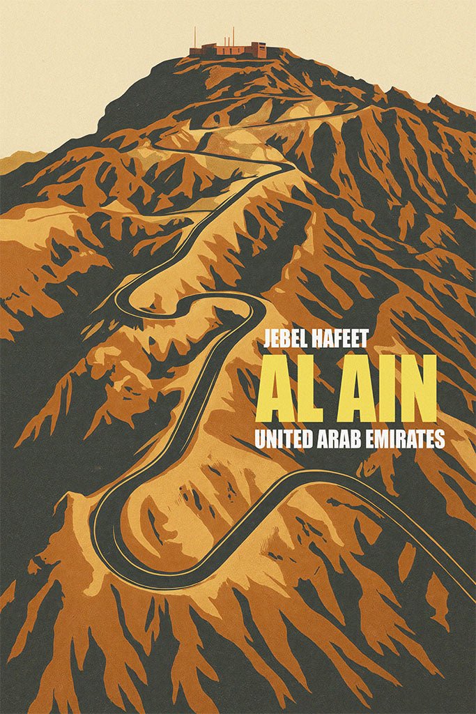 Illustration of a mountainous landscape with a road and text about Jebel Nafeet in Al Ain, United Arab Emirates.