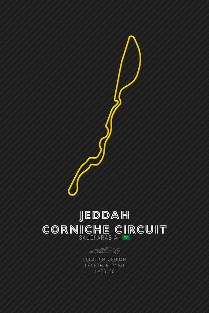 A minimalist art print featuring the Jeddah Corniche Circuit F1 track layout, highlighting the circuit’s exciting high-speed and technical corners along the Red Sea coastline.
