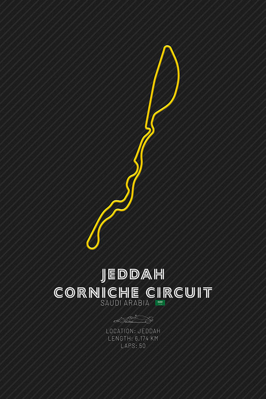 A minimalist art print featuring the Jeddah Corniche Circuit F1 track layout, highlighting the circuit’s exciting high-speed and technical corners along the Red Sea coastline.
