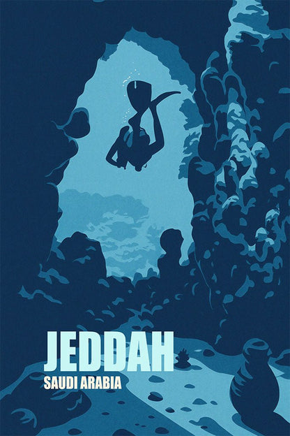 Silhouette of a diver in a cave with 'Jeddah Saudi Arabia' text on a blue background