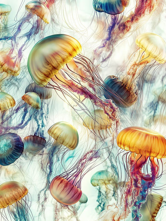 Jellyfish Tides," by FN Prints, is a vibrant artwork showcasing translucent jellyfish with multicolored bodies and flowing tentacles, creating a serene ocean scene. Perfect for adding tranquil elegance to any home decor.