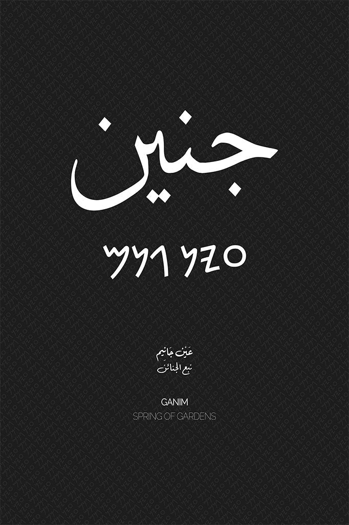 Minimalist art print of Jenin (جنين), Palestine (فلسطين) in black Arabic calligraphy on a textured white background. Includes ancient Canaanite script and the translation 'Spring of Gardens' in English and Arabic (نبع الجنائن).