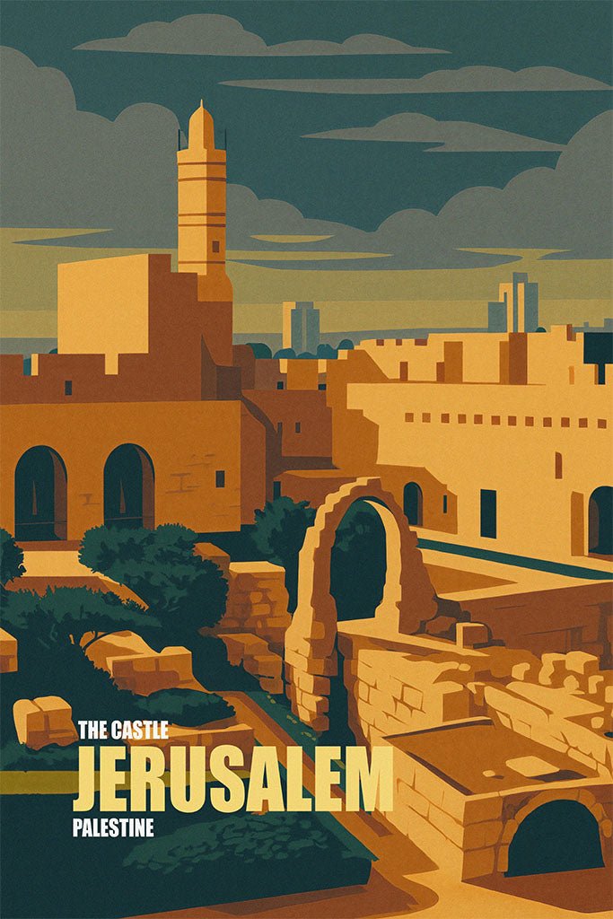 Vintage travel poster of the Castle of Jerusalem with warm stone arches, ramparts, and a tall tower under a moody sky.