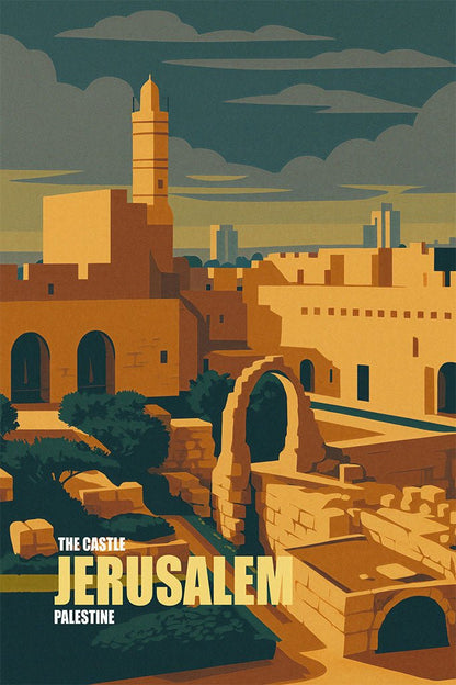 Vintage travel poster of the Castle of Jerusalem with warm stone arches, ramparts, and a tall tower under a moody sky.