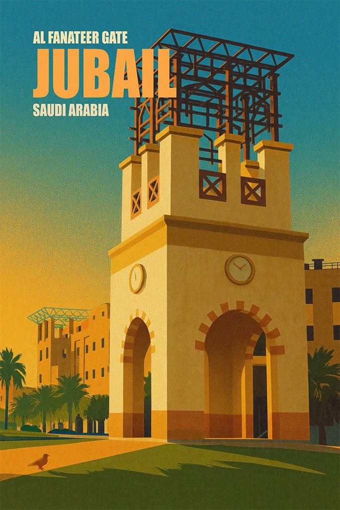 Illustration of Al Fanateer Gate in Jubail, Saudi Arabia with a clock tower and palm trees.