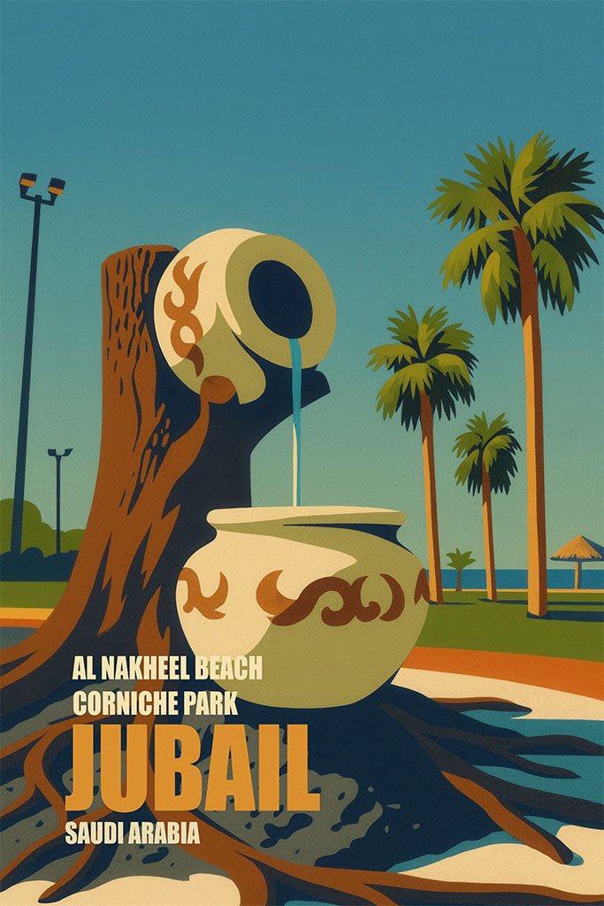 Promotional poster for Jubail, Saudi Arabia featuring a large decorative pot and palm trees.