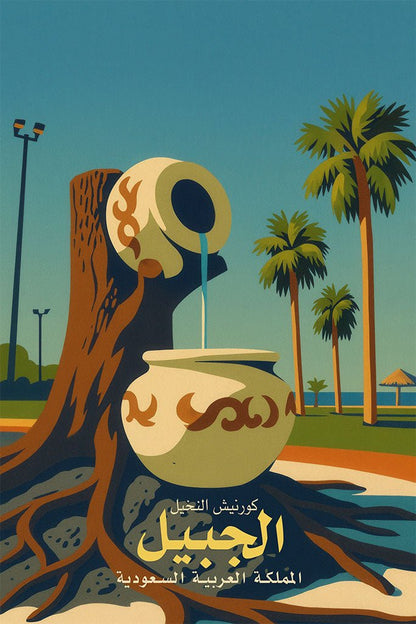 Promotional poster for Jubail, Saudi Arabia featuring a large decorative pot and palm trees.