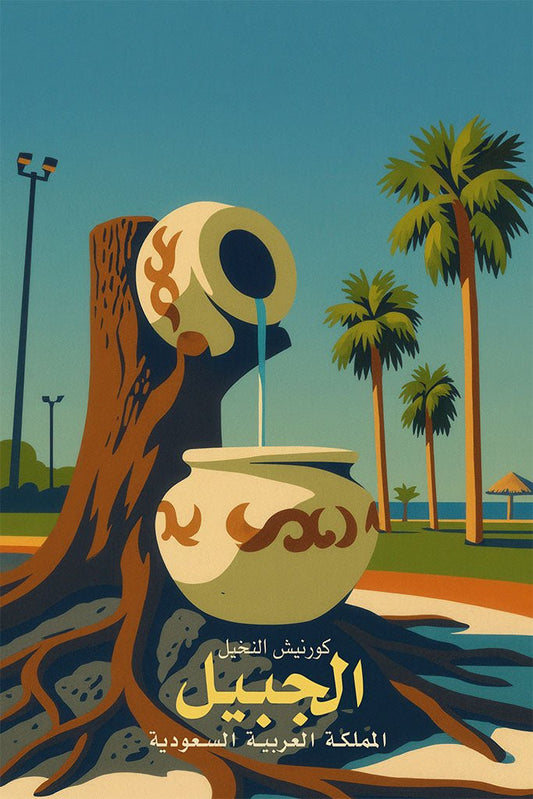 Promotional poster for Jubail, Saudi Arabia featuring a large decorative pot and palm trees.