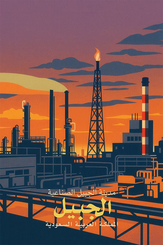 Illustration of Jubail Industrial City in Saudi Arabia with industrial structures and sunset sky.