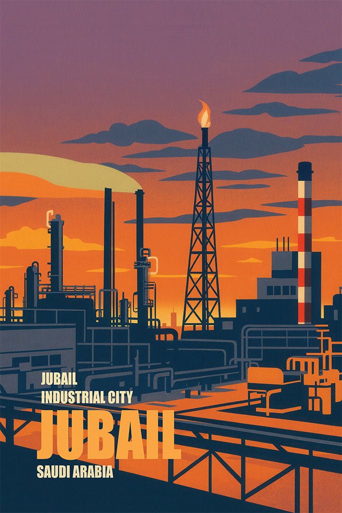 Illustration of Jubail Industrial City in Saudi Arabia with industrial structures and sunset sky.