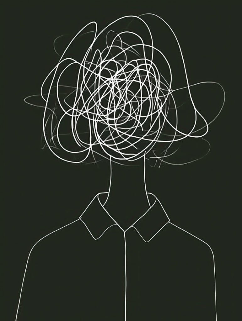 FN Prints' "Jumbled Mind," a minimalist illustration, portrays mental turmoil with a person in a collared shirt against a dark backdrop. Their face is tangled in chaotic white lines, ideal for modern spaces seeking depth and intrigue.