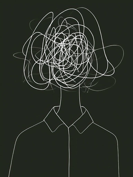 FN Prints' "Jumbled Mind," a minimalist illustration, portrays mental turmoil with a person in a collared shirt against a dark backdrop. Their face is tangled in chaotic white lines, ideal for modern spaces seeking depth and intrigue.