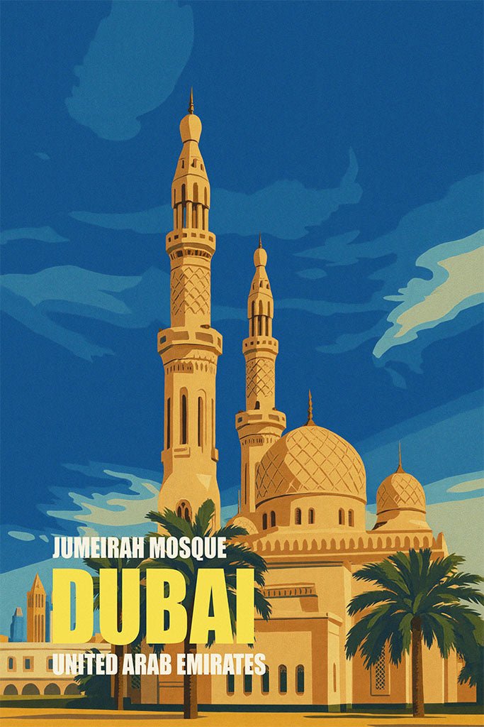 Illustration of Jumeirah Mosque in Dubai with palm trees and blue sky.