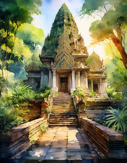 Discover FN Prints' Junge Temple, a serene depiction of the temple surrounded by lush greenery. This digital watercolour masterpiece showcases the ornate architecture with a tall, intricately decorated spire and stone steps leading up to the entrance, all bathed in warm, golden sunlight filtering through the trees.