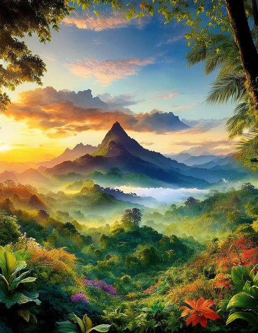 A vibrant, lush landscape with a majestic mountain rising in the center is beautifully captured in FN Prints' "Jungle Sunset In Indonesia." The sky displays a stunning gradient from the golden hues of an Indonesian sunset to deep blue. The foreground is rich with diverse, colorful vegetation, including ferns and flowering plants found in a tropical jungle.