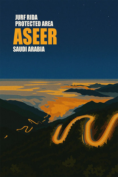 Poster of a winding road through mountains with text 'Jurf Rida Protected Area Aseer Saudi Arabia' on a dark blue background.