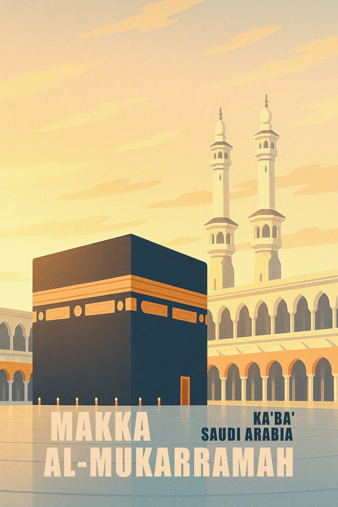 Poster of the Kaaba in Mecca, Saudi Arabia, with English text and soft golden architecture in the background.