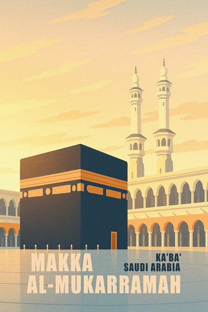 Poster of the Kaaba in Mecca, Saudi Arabia, with English text and soft golden architecture in the background.