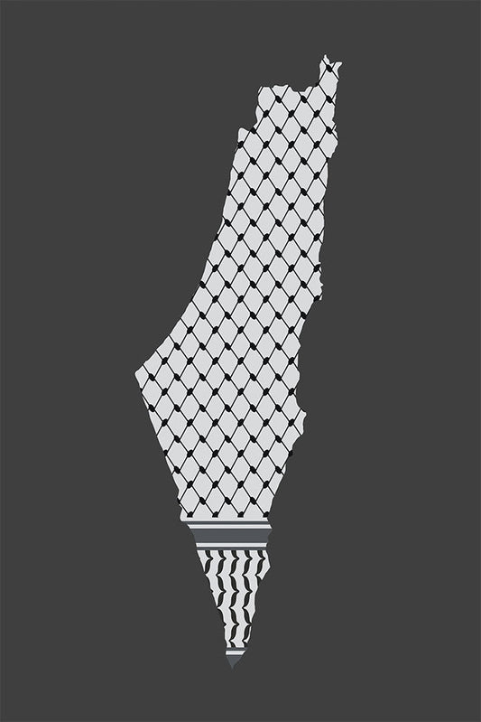 Map of Palestine with keffiyeh pattern minimalist black and white wall art