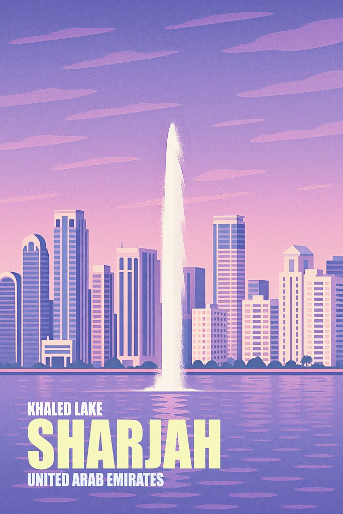 Illustrated skyline of Sharjah’s Khalid Lagoon (بحيرة خالد) at sunset, featuring modern towers and central fountain reflected in the water.