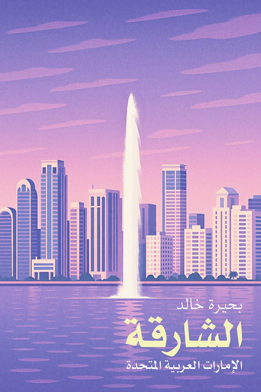 Illustrated skyline of Sharjah’s Khalid Lagoon (بحيرة خالد) at sunset, featuring modern towers and central fountain reflected in the water.