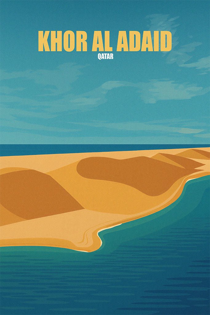 Illustration of a coastal landscape with sand dunes and blue water, featuring 'Khor Al Adaid, Qatar' text.