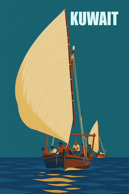 Sailboat with a large sail on a blue background, featuring the word 'Kuwait'.