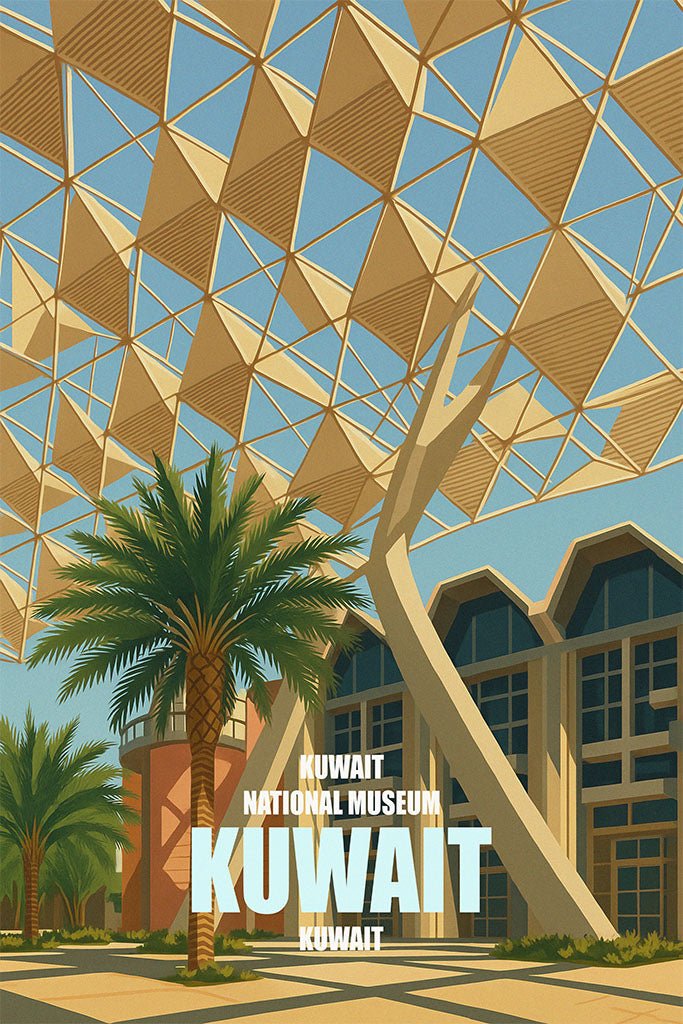 Illustration of Kuwait National Museum with geometric architecture and palm trees.