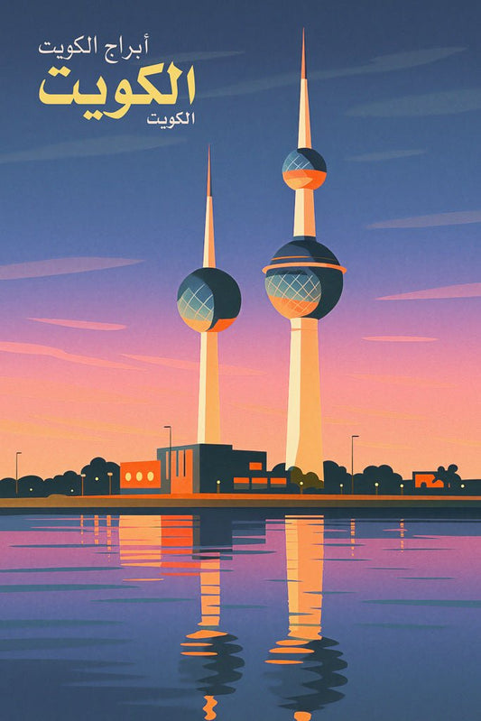 Vintage-style poster of Kuwait Towers by the sea with curved roads and Arabic lettering.