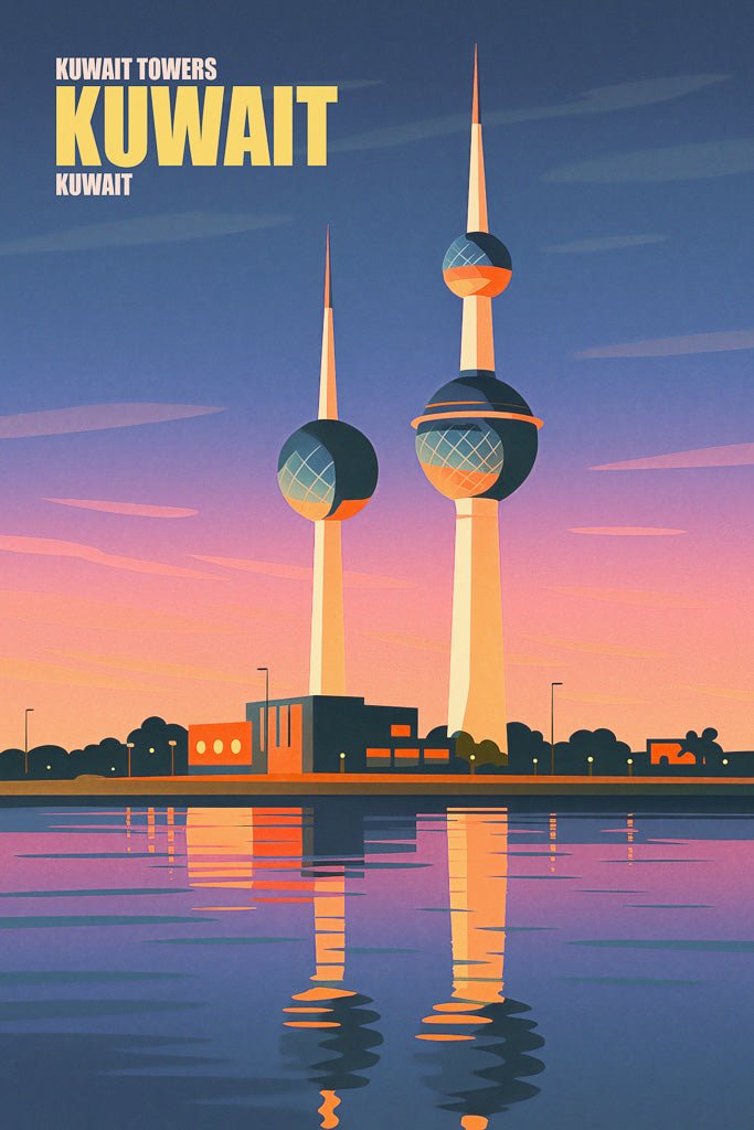 Vintage-style poster of Kuwait Towers by the sea with curved roads and English lettering.