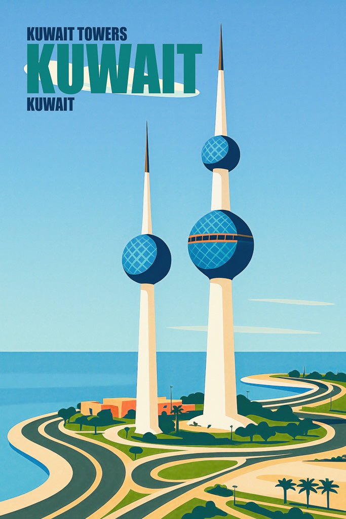 Retro travel-style poster of Kuwait Towers at sunset with water reflections and English script.