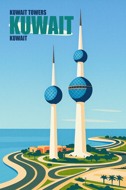Retro travel-style poster of Kuwait Towers at sunset with water reflections and English script.