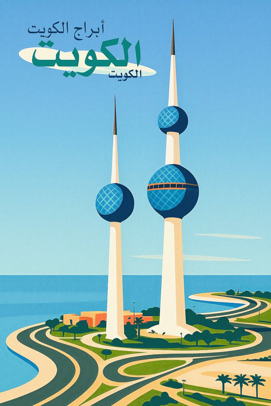 Retro travel-style poster of Kuwait Towers at sunset with water reflections and Arabic script.