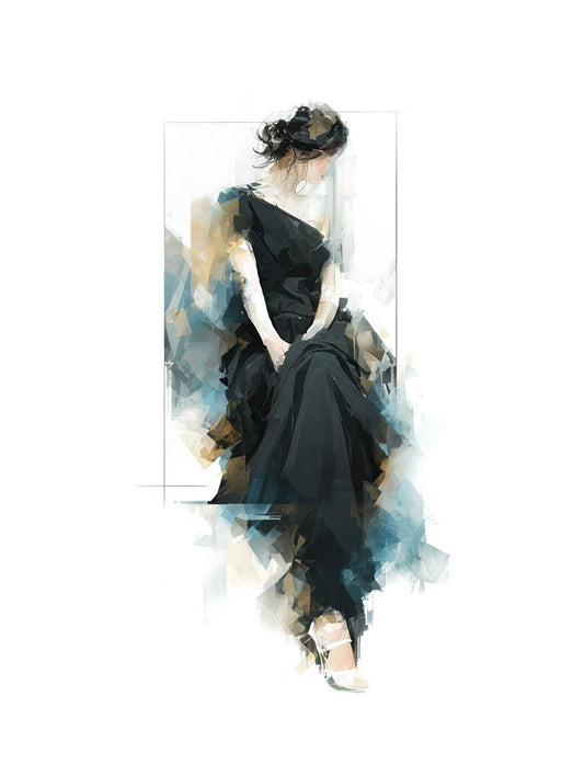 Lady in Black" by FN Prints is a modern digital painting of a woman in a flowing black dress, with an abstract style and soft blended colors—perfect as striking wall art.