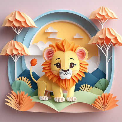 A delightful and vibrant paper art illustration, "Lake The Lion Cub" by FN Prints, features a cute lion with a colorful mane standing proudly on a grassy field. The whimsical background includes stylized trees, mountains, and clouds under a yellow sky, making it an enchanting addition to children's spaces with its charming folded paper effect digital art.