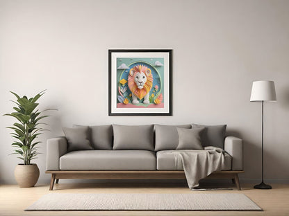 A modern living room features a gray sofa, accented by a tall floor lamp and a green potted plant. Above the sofa hangs "Lane The Lion," a striking piece of digital artwork in a black frame from FN Prints. A light gray throw blanket drapes gracefully over the armrest.