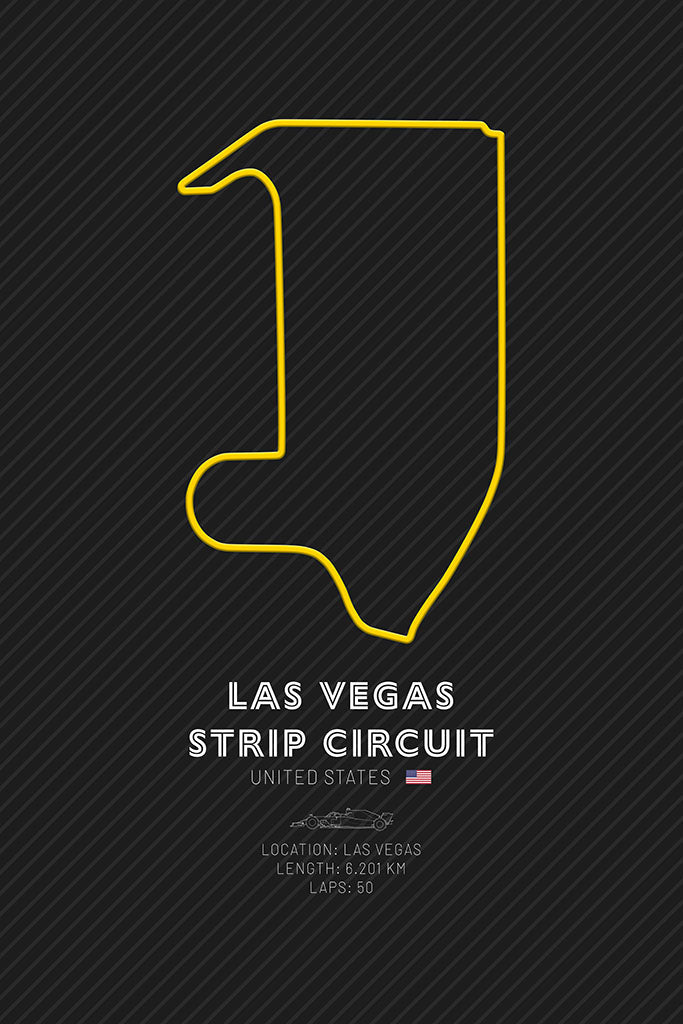 Minimalist art print of the Las Vegas Strip Circuit F1 track layout, featuring a striking yellow outline on a black background that highlights the city’s neon-lit backdrop.